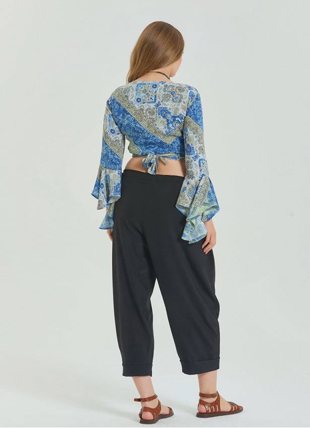 Adjustable Waist Black Women's Plus Size Trousers with Rope Detail 4622